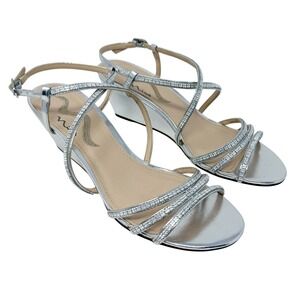 Nina Neona Crystal Embellished Wedge Sandal Silver‎ Open Toe 9